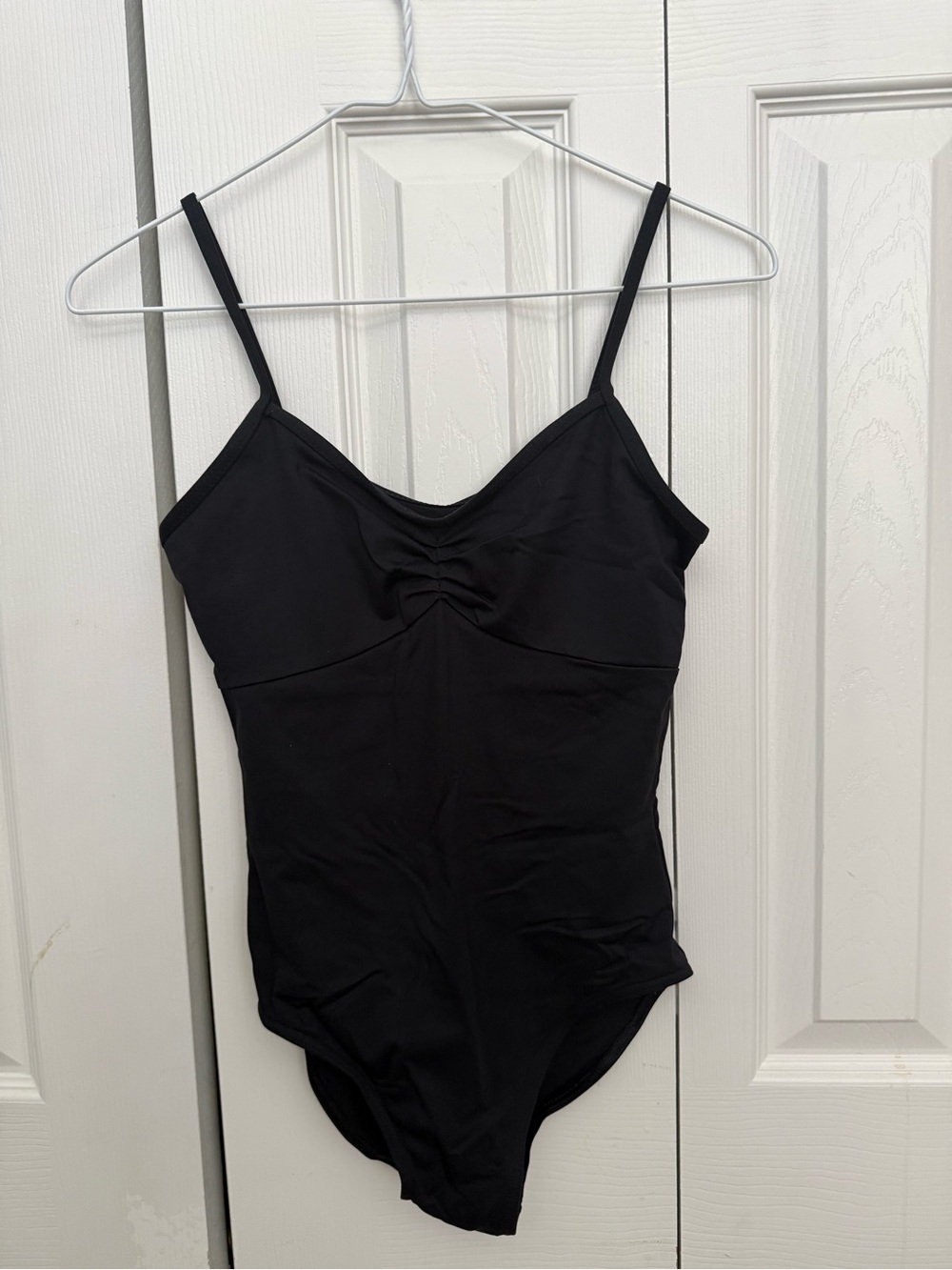 Black Ruched Bust Women's Dance Leotard Bodysuit with Spaghetti Straps
